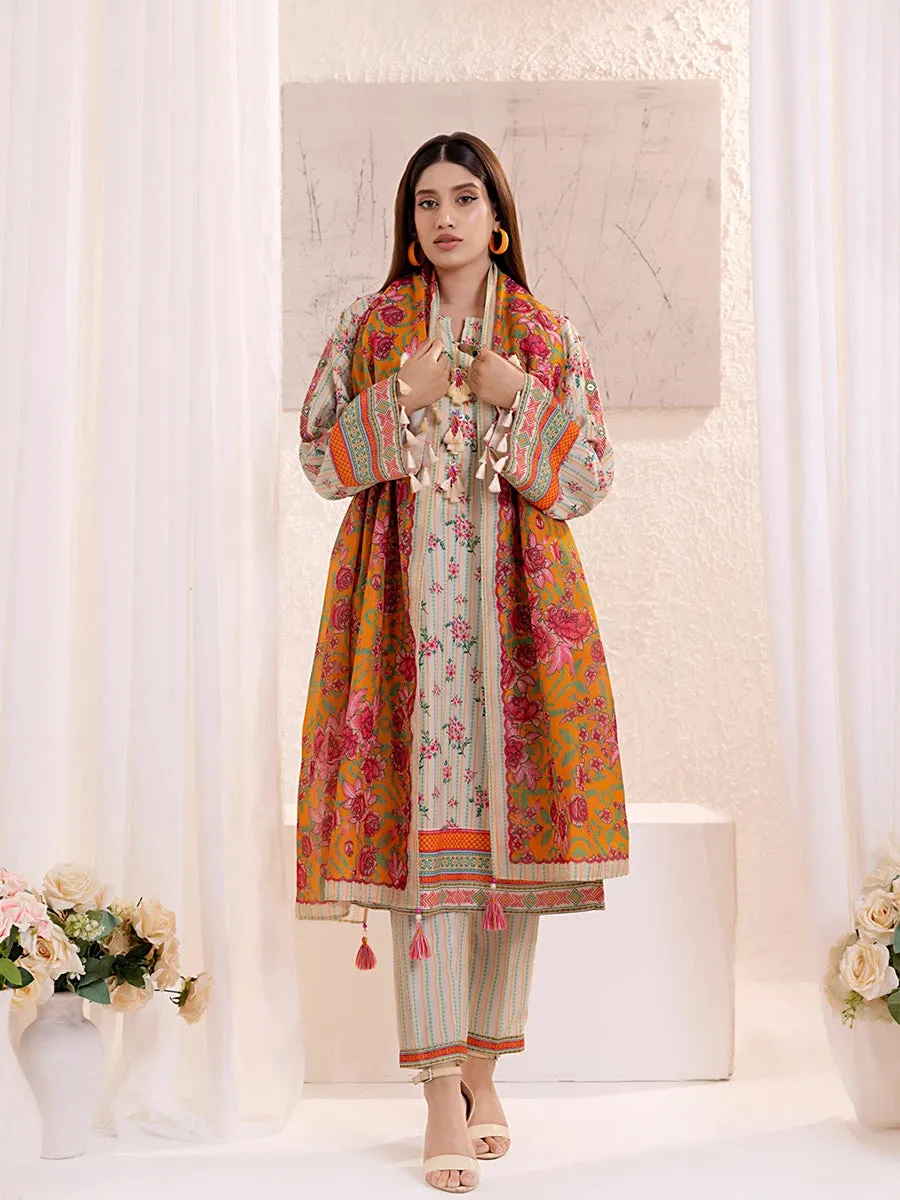 3PCnstitched Lawn Silk Printed Suit