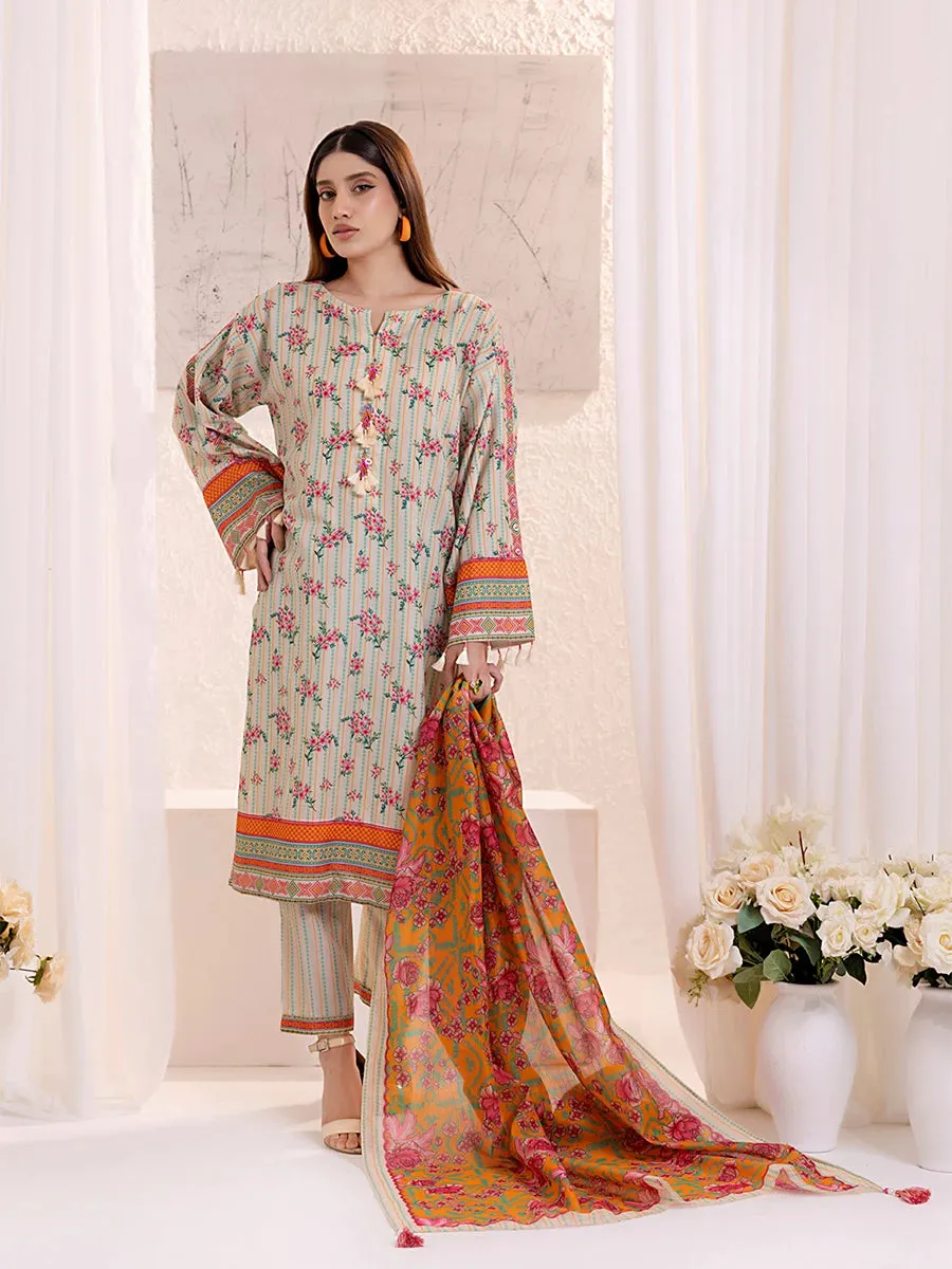 3PCnstitched Lawn Silk Printed Suit