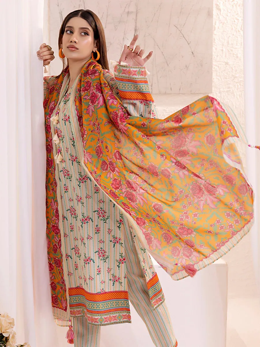 3PCnstitched Lawn Silk Printed Suit