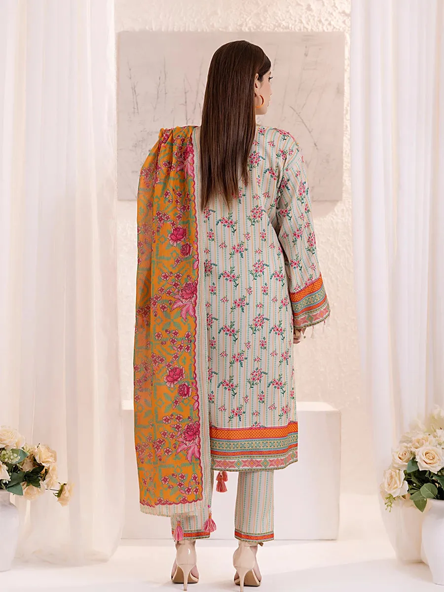 3PCnstitched Lawn Silk Printed Suit