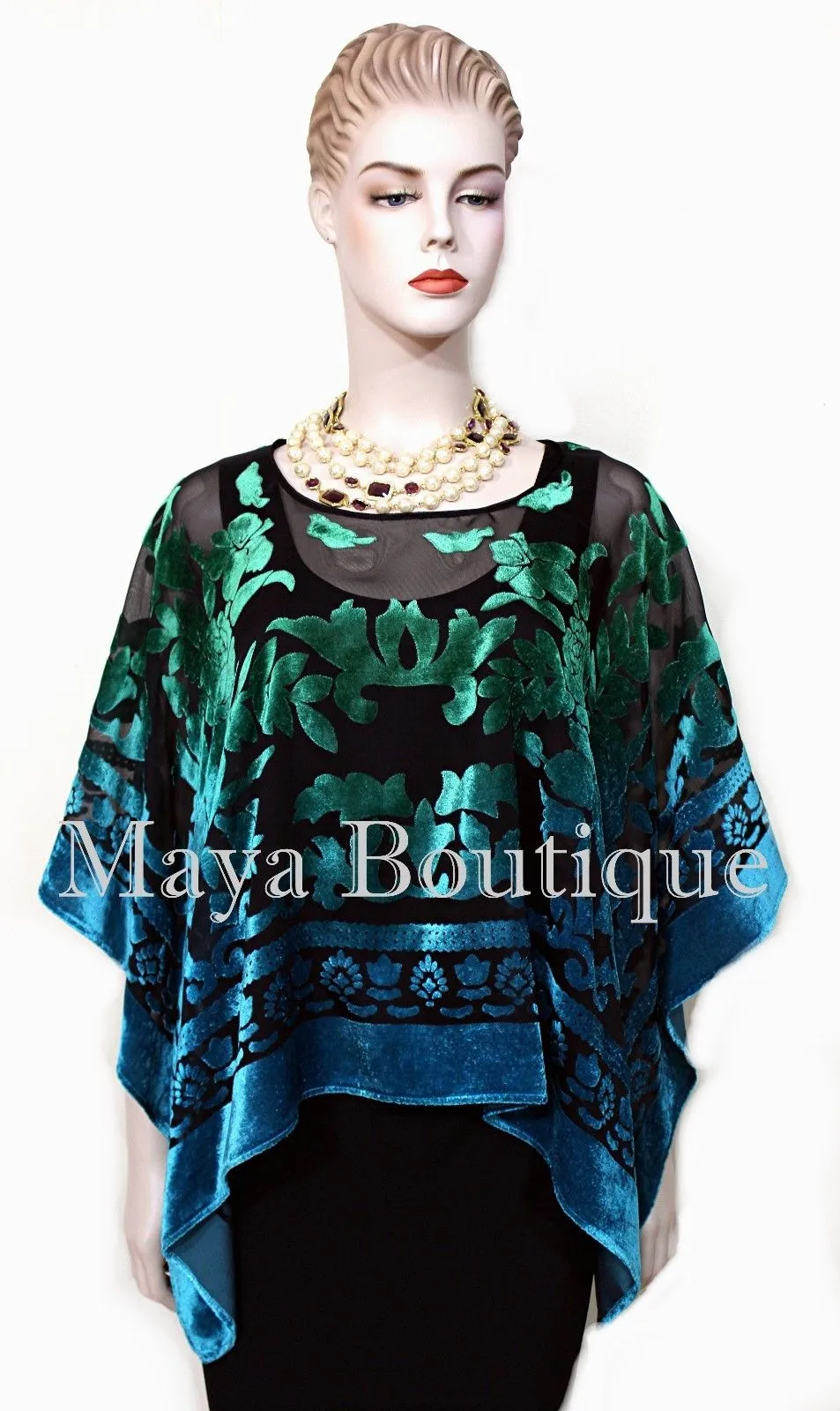 Art To Wear Poncho Top Burnout Velvet Hand Dyed Green Turquoise Maya Boutique