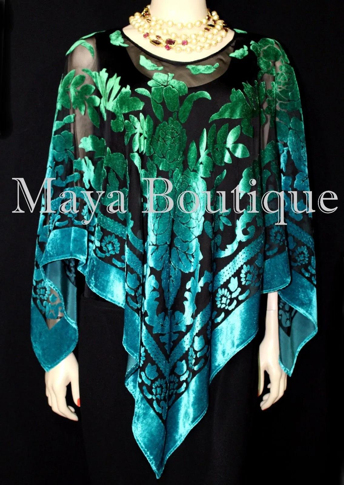 Art To Wear Poncho Top Burnout Velvet Hand Dyed Green Turquoise Maya Boutique