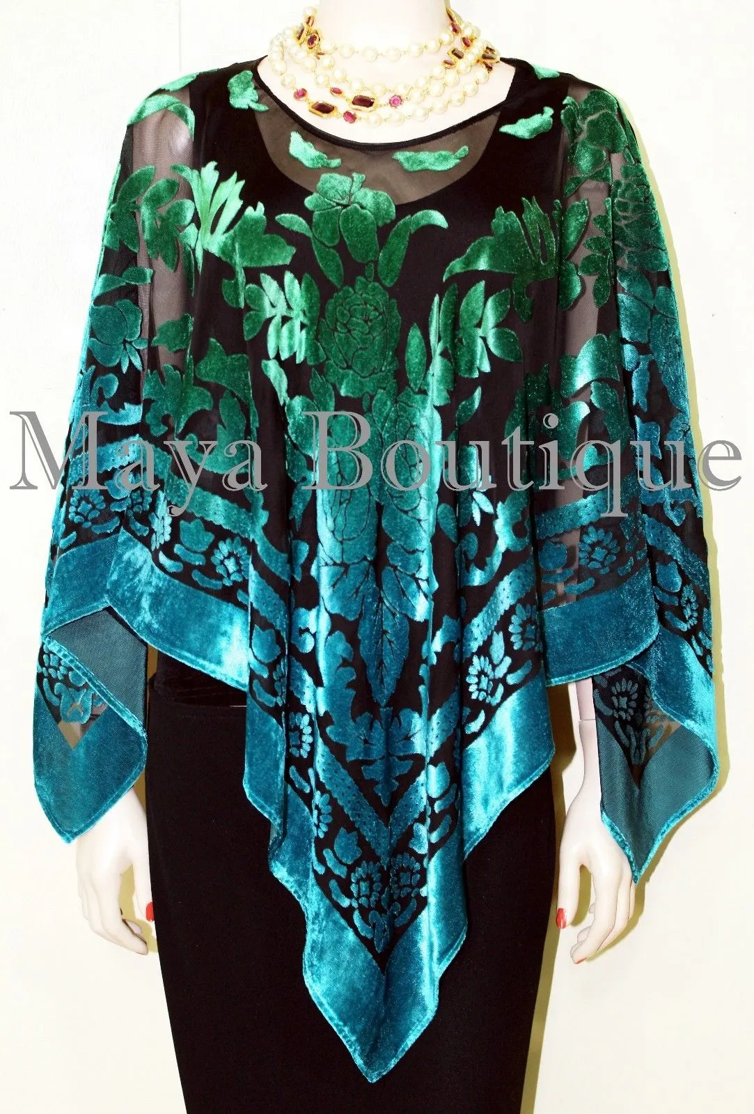Art To Wear Poncho Top Burnout Velvet Hand Dyed Green Turquoise Maya Boutique