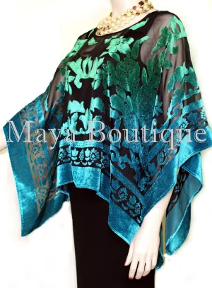Art To Wear Poncho Top Burnout Velvet Hand Dyed Green Turquoise Maya Boutique