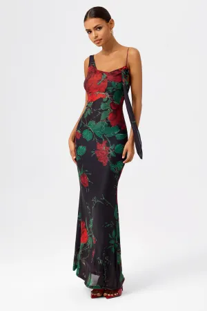 Asymmetrical Scoop Neck Rose Mesh Gown
