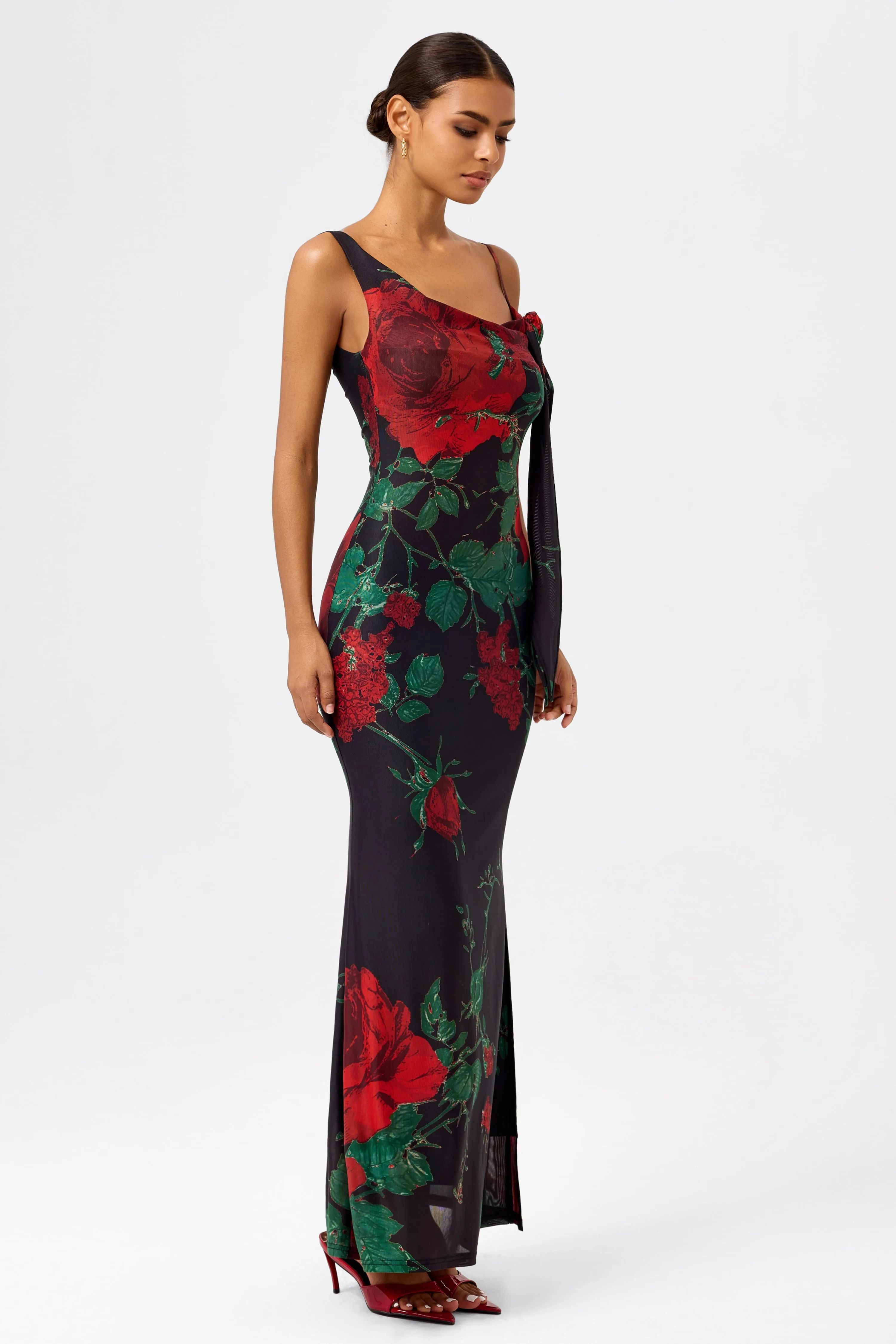 Asymmetrical Scoop Neck Rose Mesh Gown