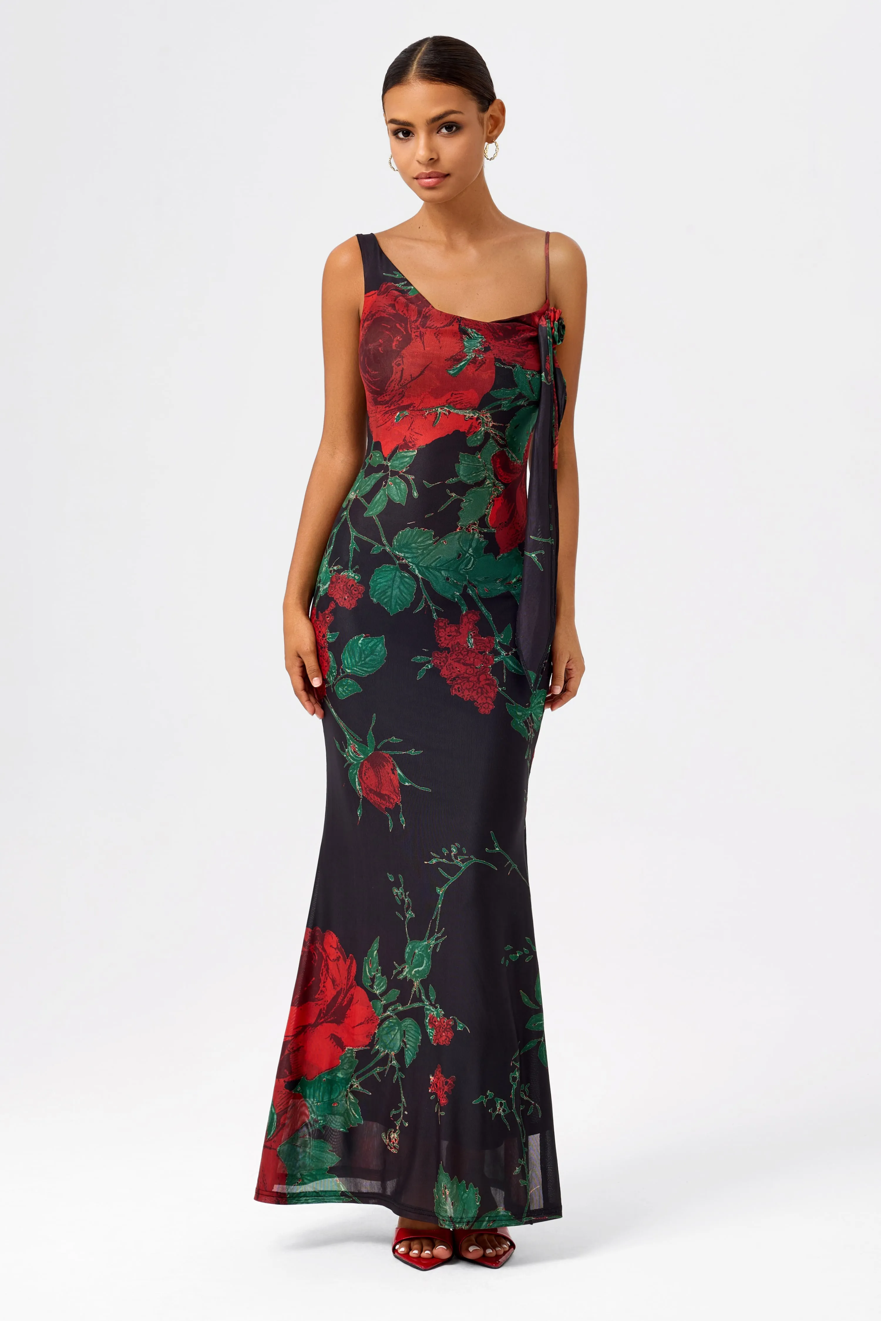 Asymmetrical Scoop Neck Rose Mesh Gown