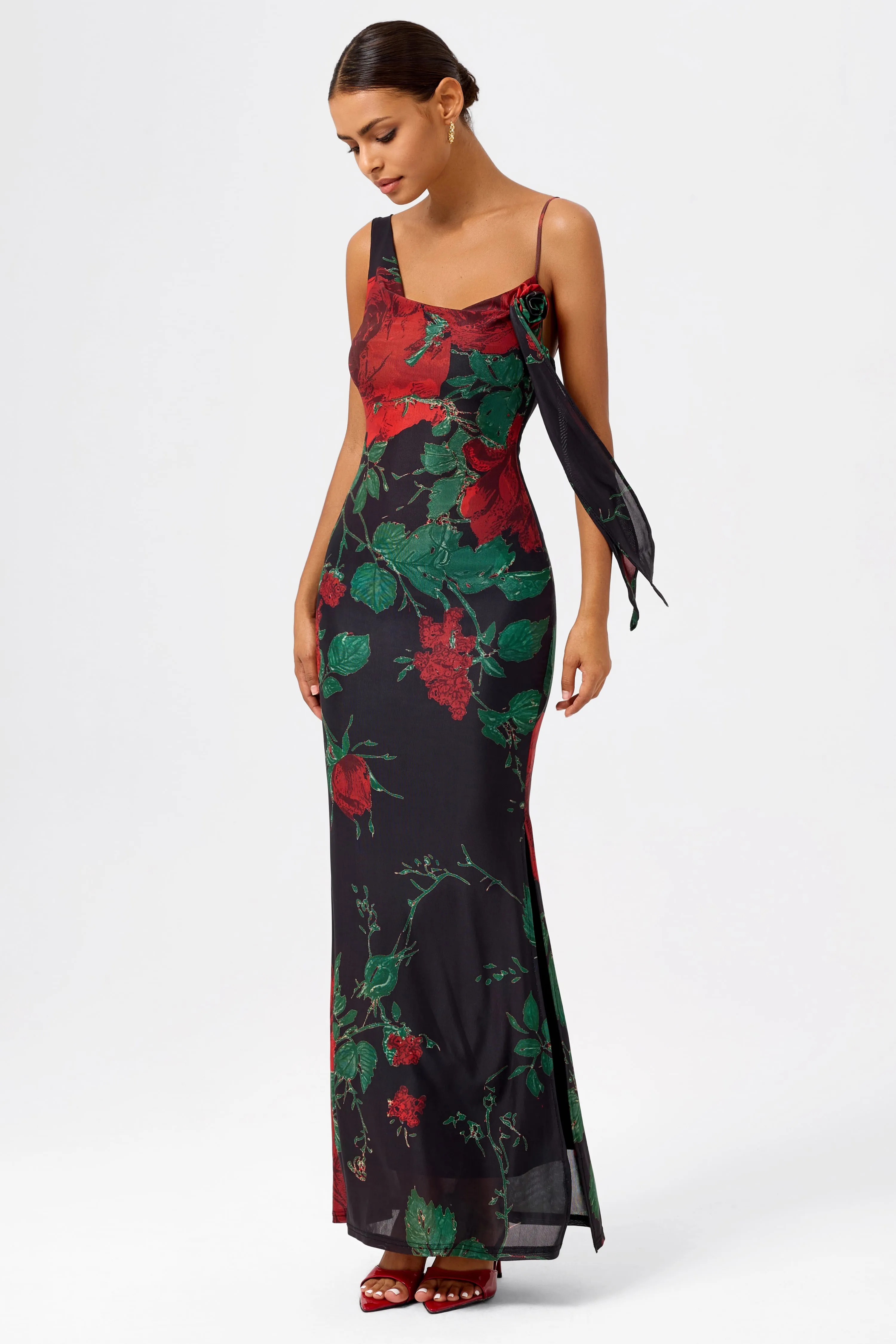 Asymmetrical Scoop Neck Rose Mesh Gown