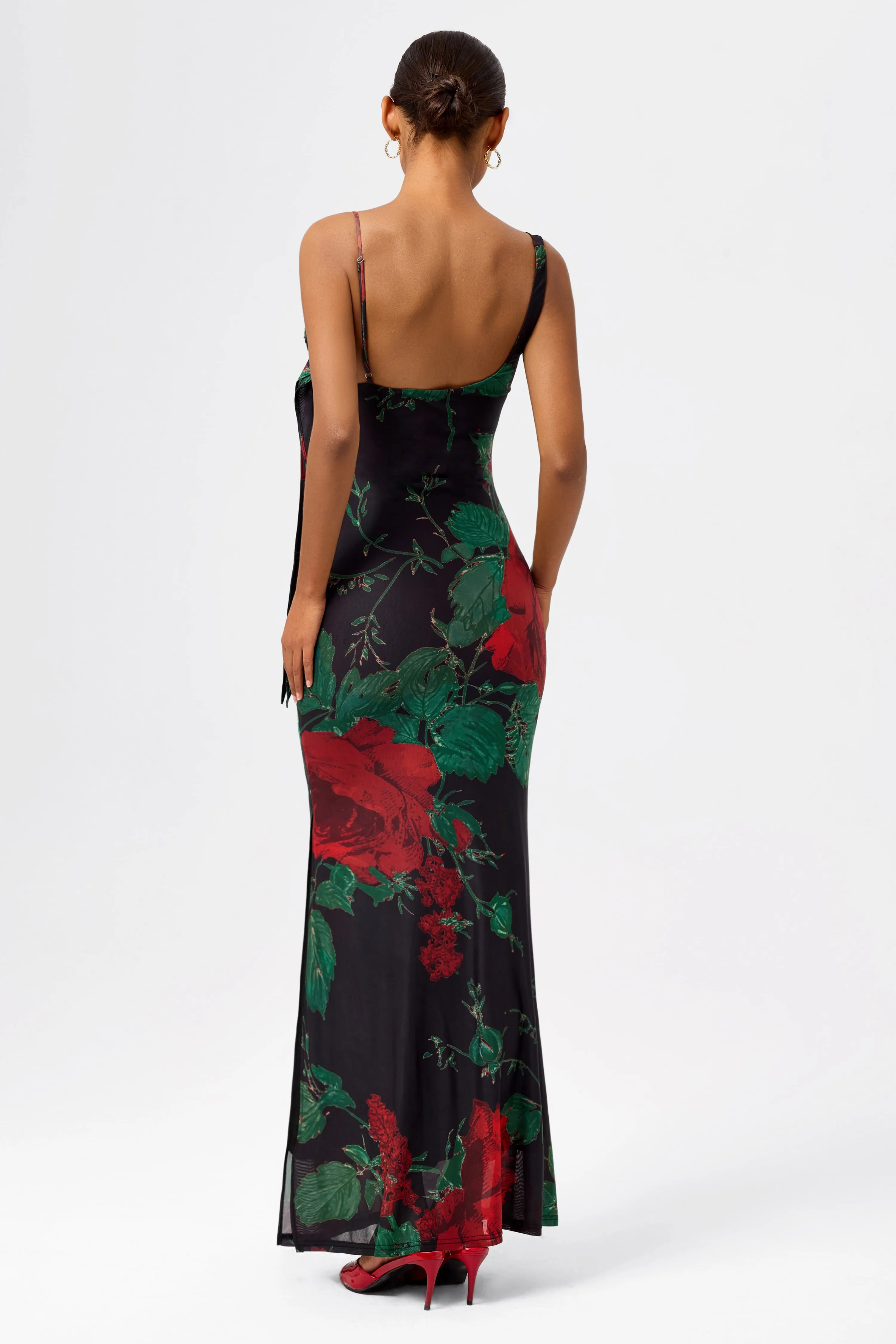 Asymmetrical Scoop Neck Rose Mesh Gown