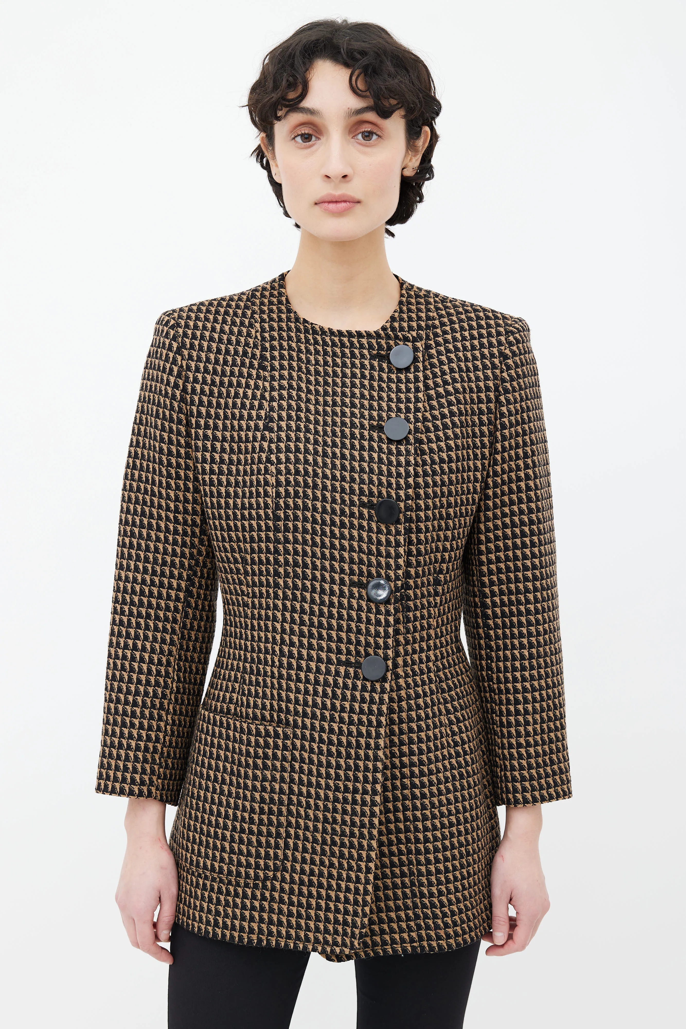 Black & Brown Triangle Pattern Structured Collarless Blazer