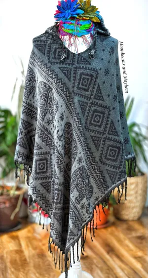 BLACK / GREY INDIAN ELEPHANT HOODED PONCHO BLACK / GREY INDIAN ELEPHANT HOODED PONCHO