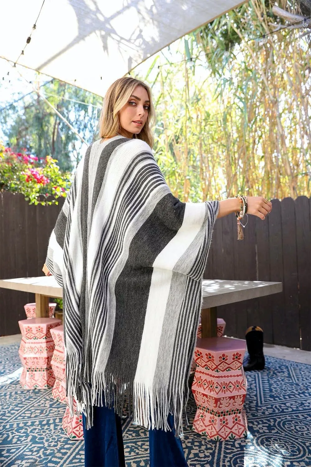 Boho Striped Frayed Edge Ruana