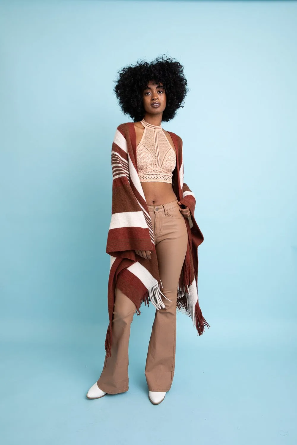 Boho Striped Frayed Edge Ruana