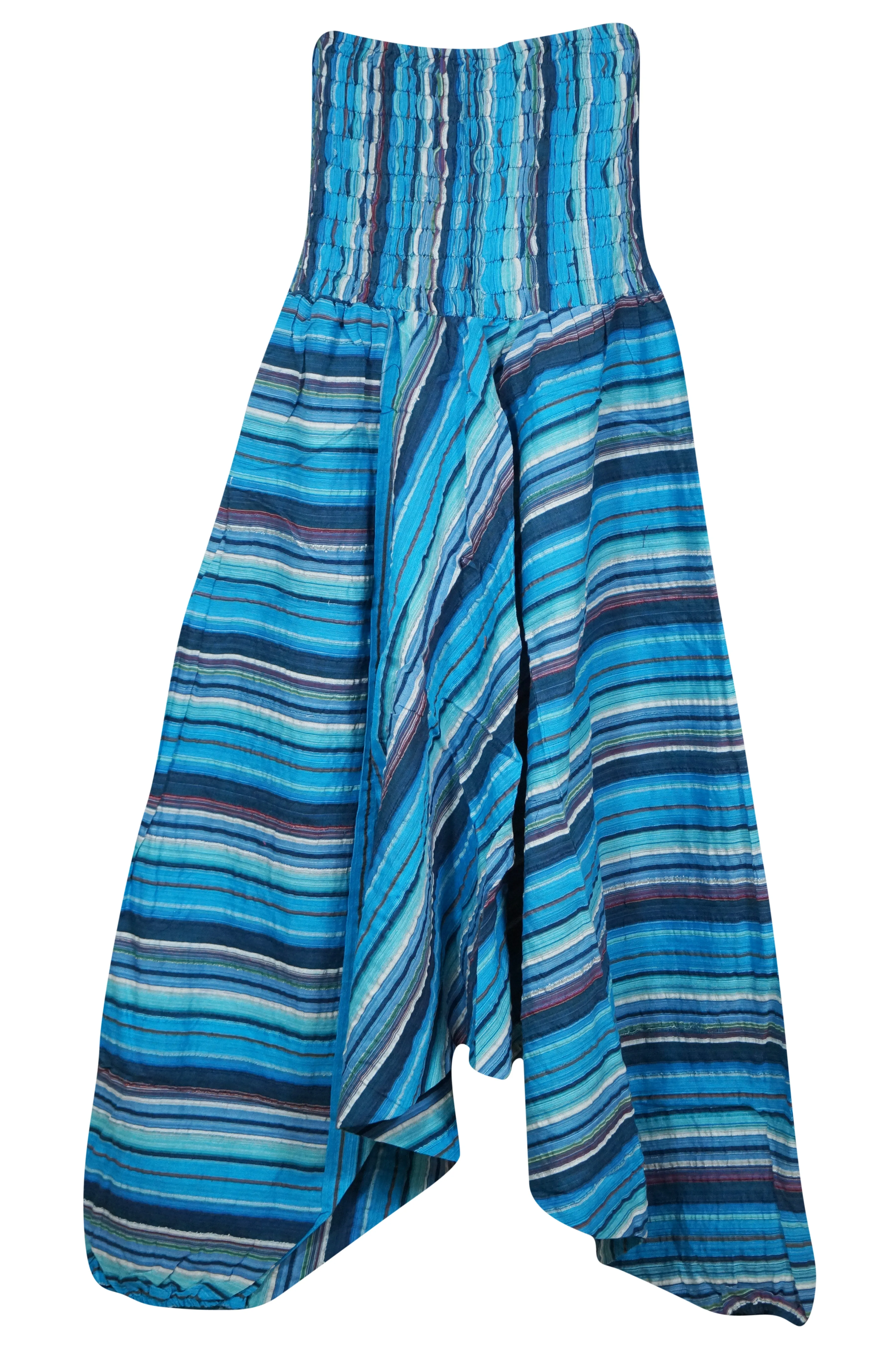Boho Yoga Pants Blue Stripe High-Waist Cotton Alladin Baggy Pants S/M/L