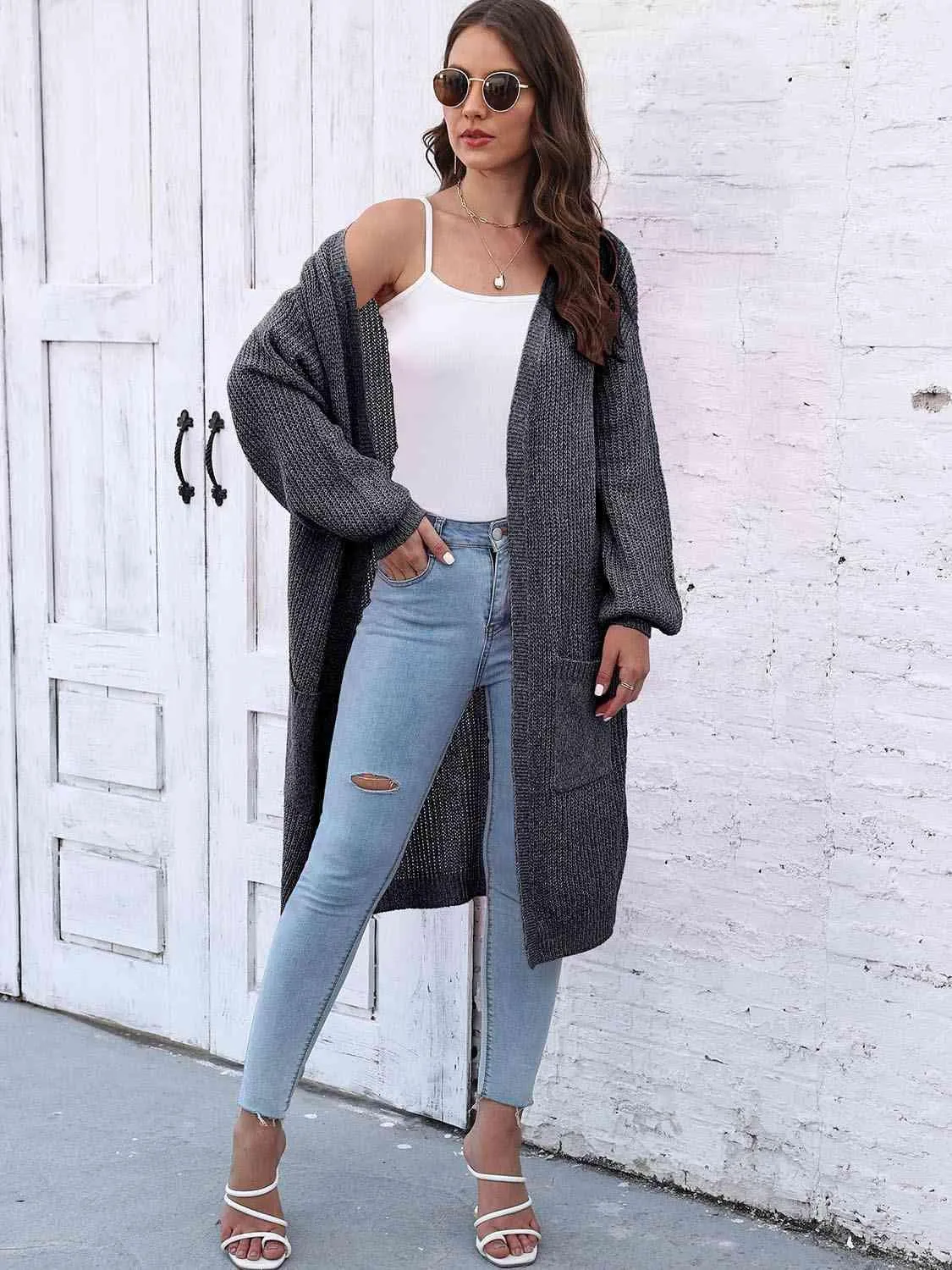 Comfy Embrace Open Front Balloon Sleeve Cardigan