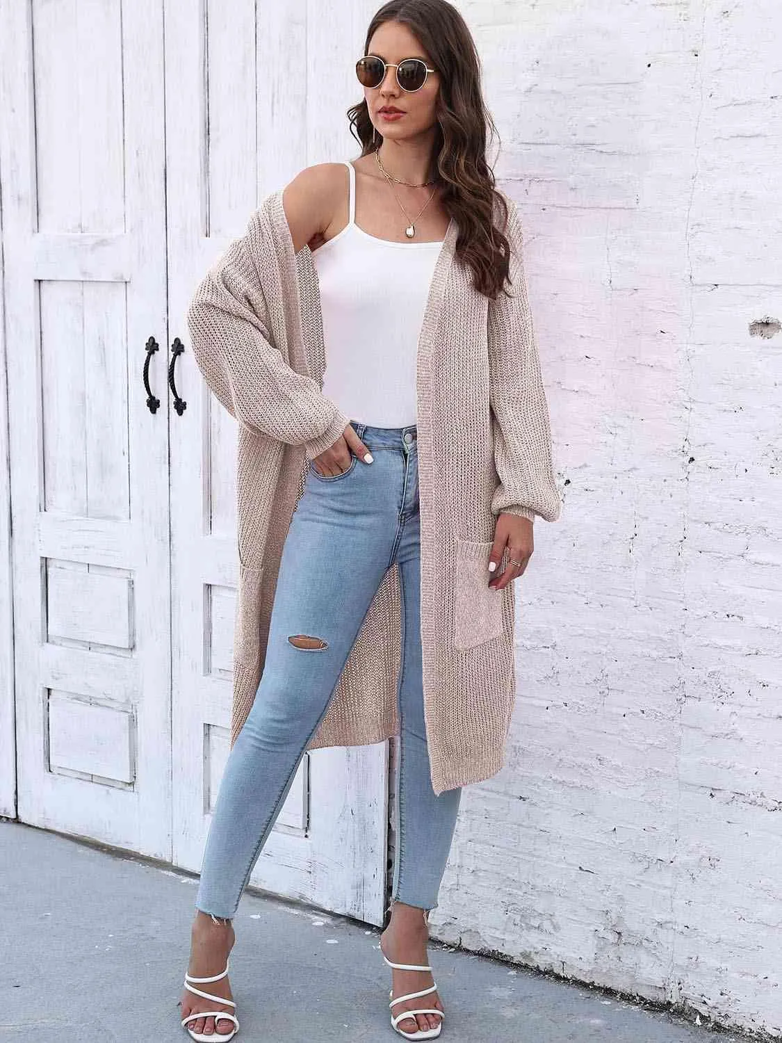 Comfy Embrace Open Front Balloon Sleeve Cardigan