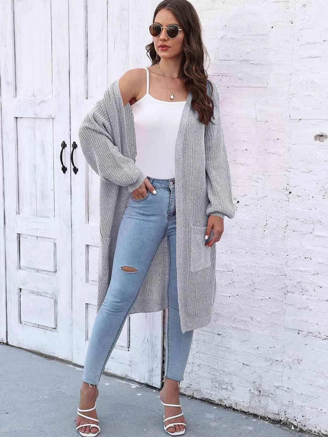 Comfy Embrace Open Front Balloon Sleeve Cardigan