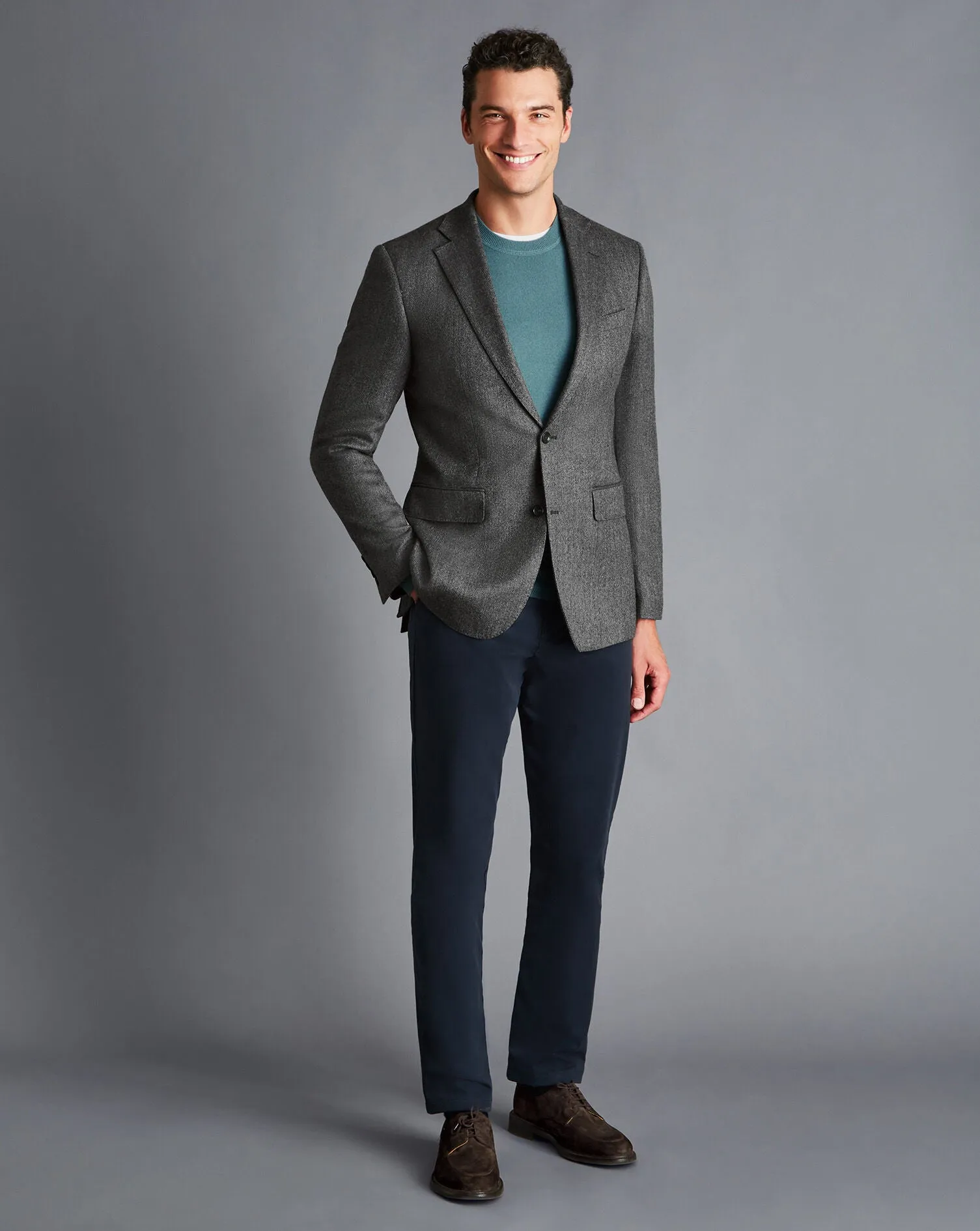 Dark Grey Herringbone Wool Texture Slim Fit Jacket