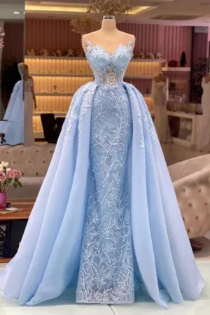 Designer Blue Long Lace Prom Dresses Evening Gowns With Detachable Train