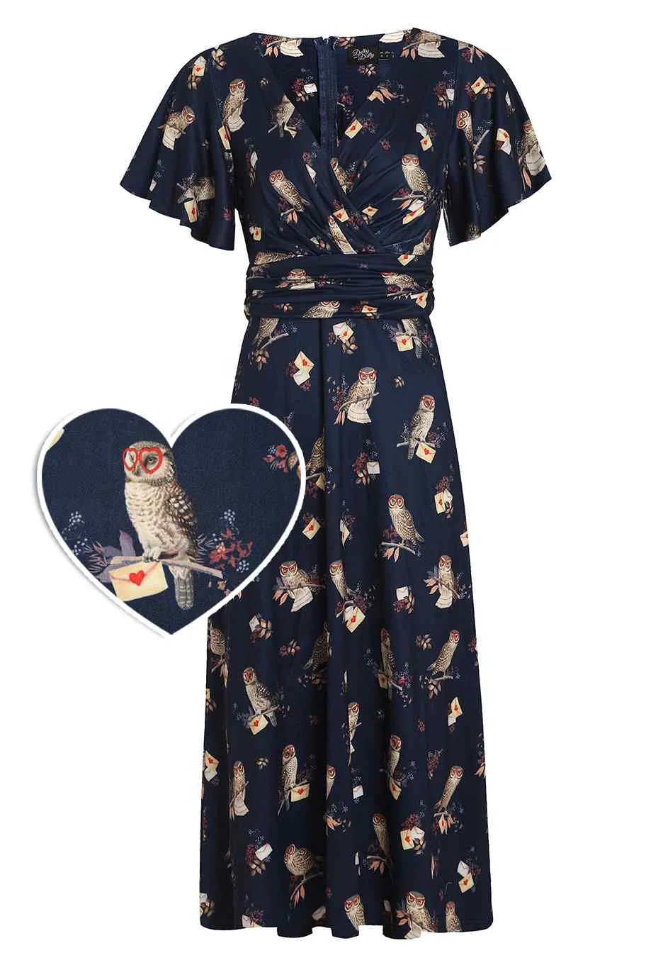 Donna Crossover Bust Oxford Blue Owls and Letters Dress