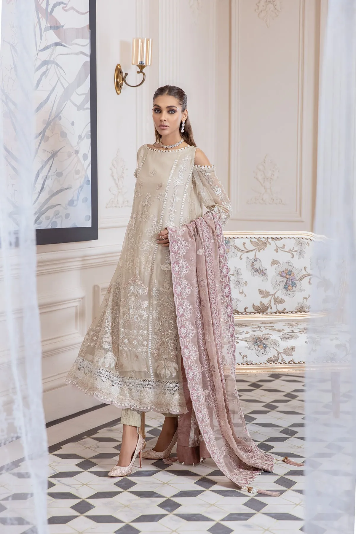 Elegant Off White Salwar Kameez in Open Style #PF398