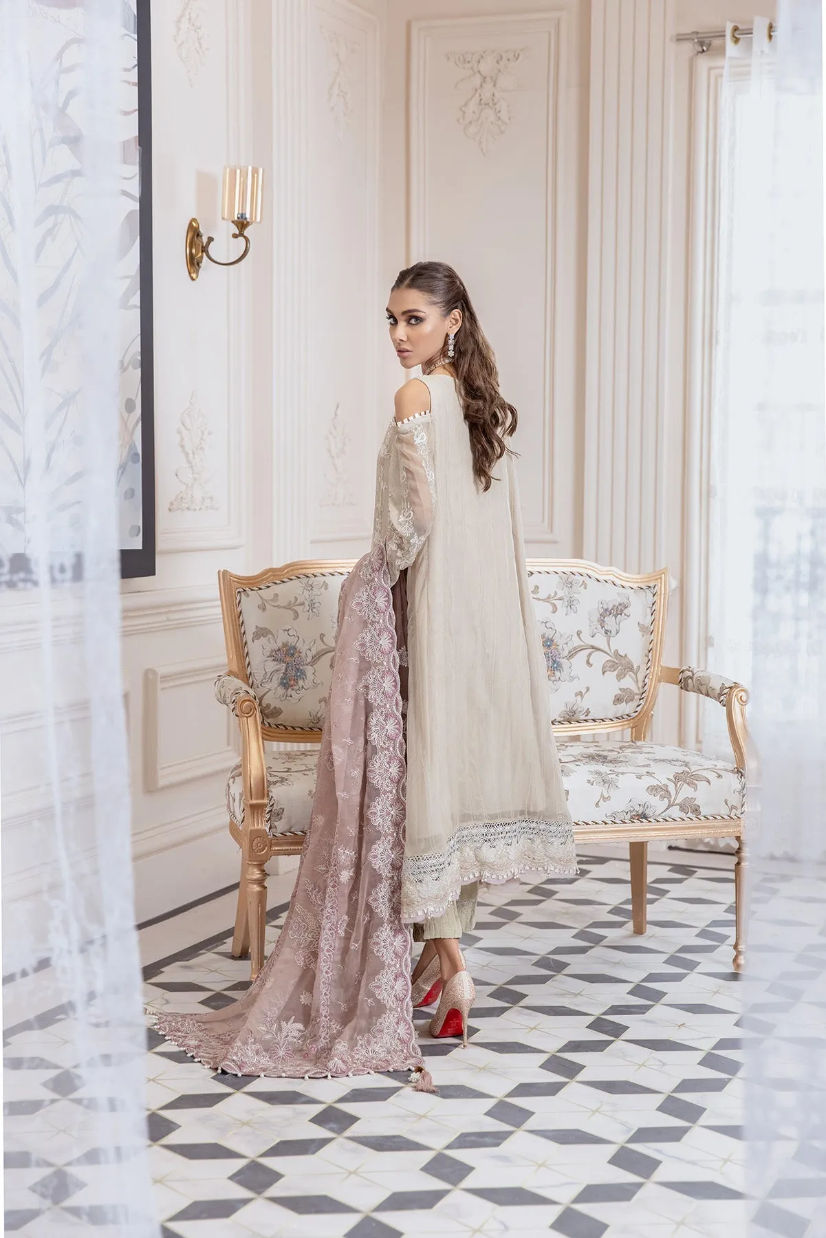 Elegant Off White Salwar Kameez in Open Style #PF398