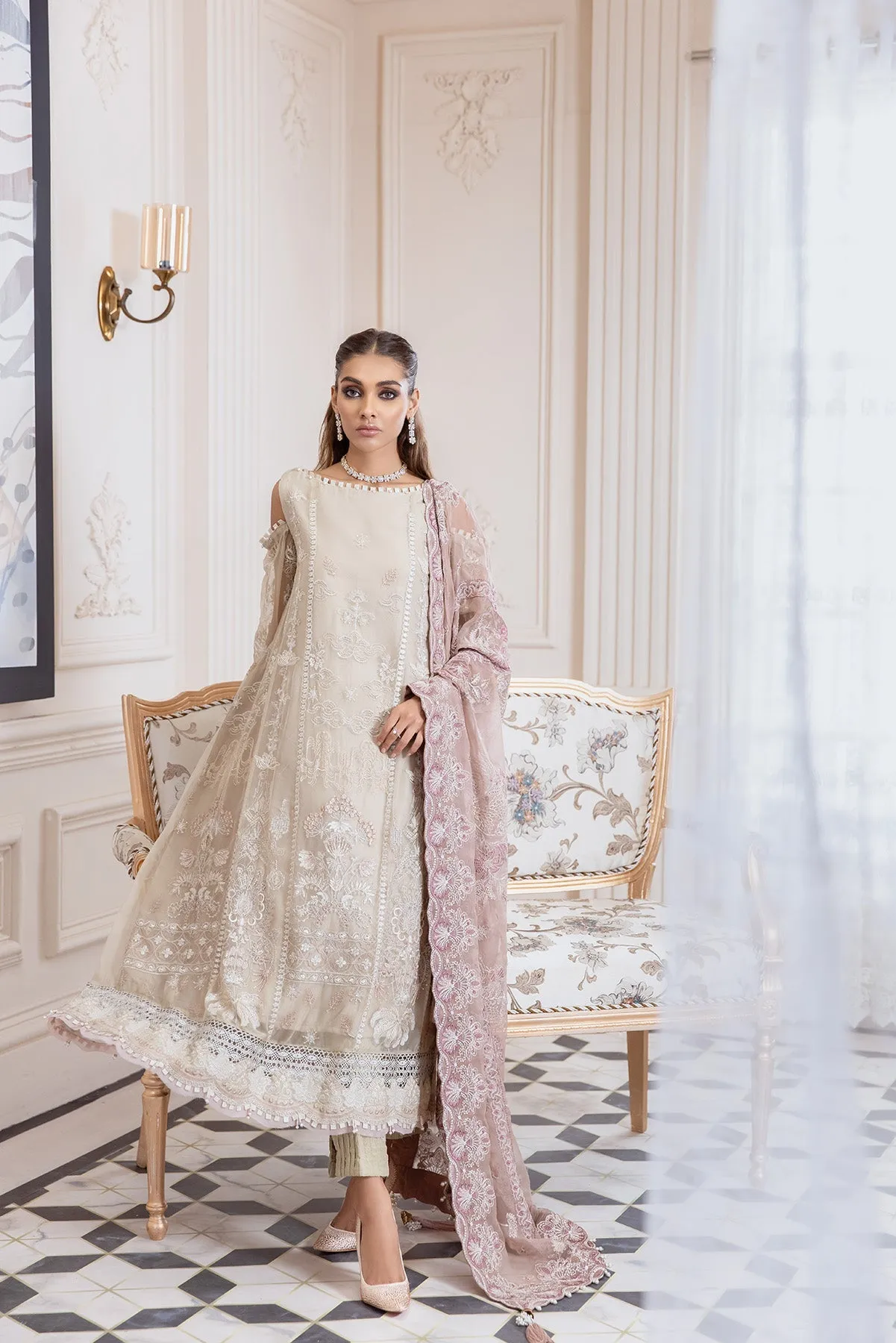 Elegant Off White Salwar Kameez in Open Style #PF398