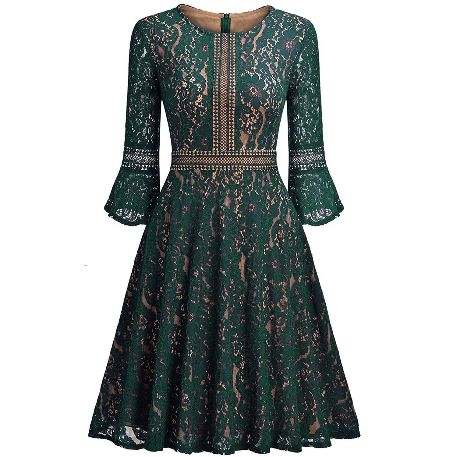 European 3/4 Trumpet Sleeves Pleated Knee-length Party Dress