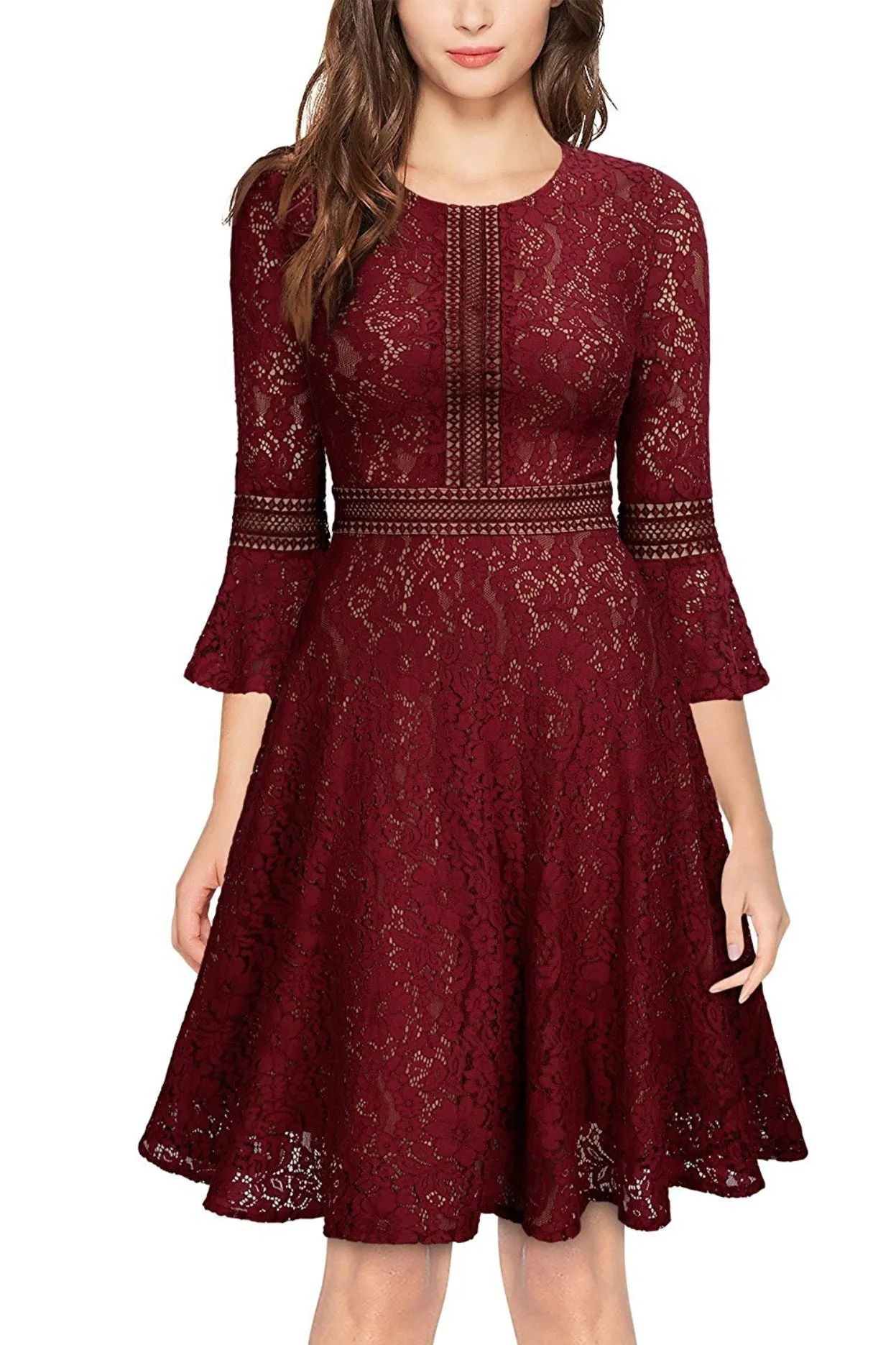 European 3/4 Trumpet Sleeves Pleated Knee-length Party Dress