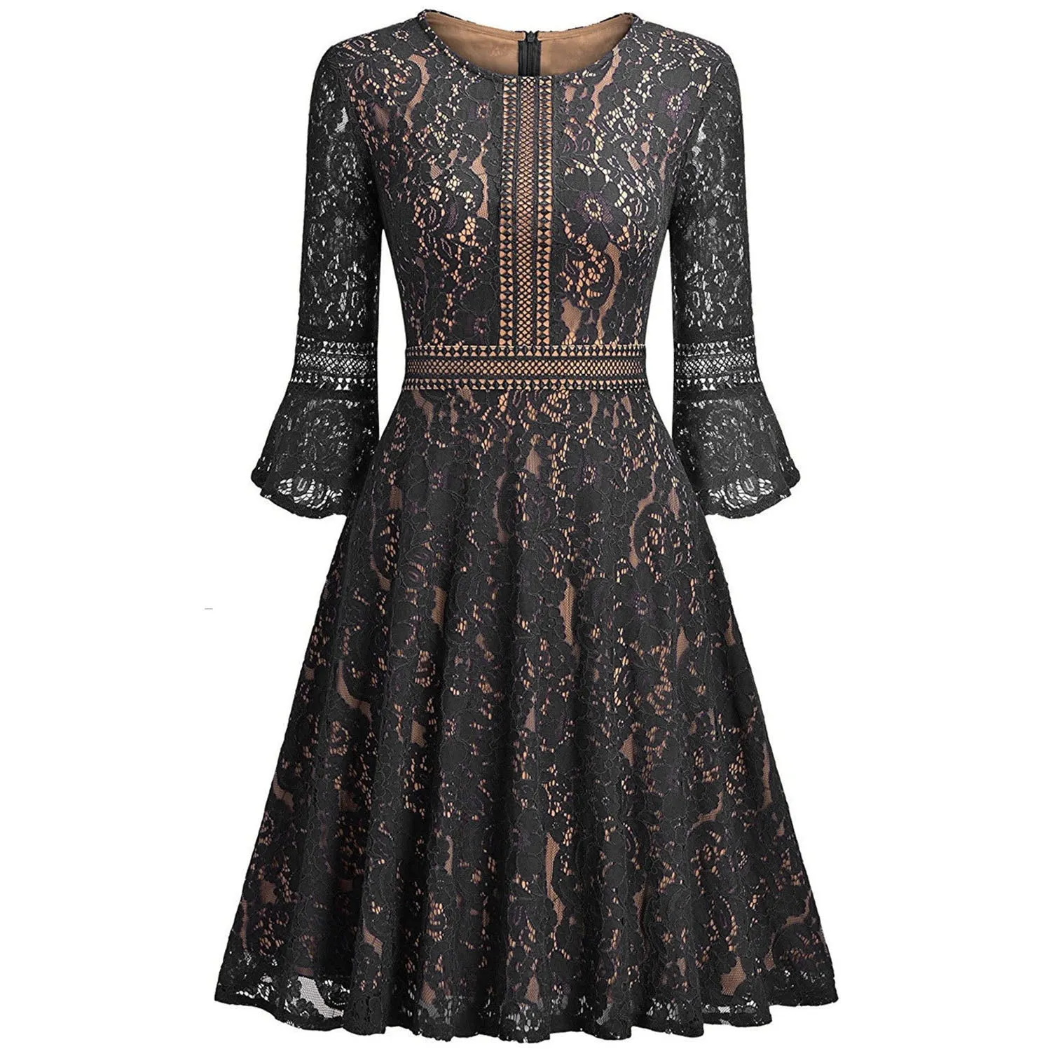 European 3/4 Trumpet Sleeves Pleated Knee-length Party Dress