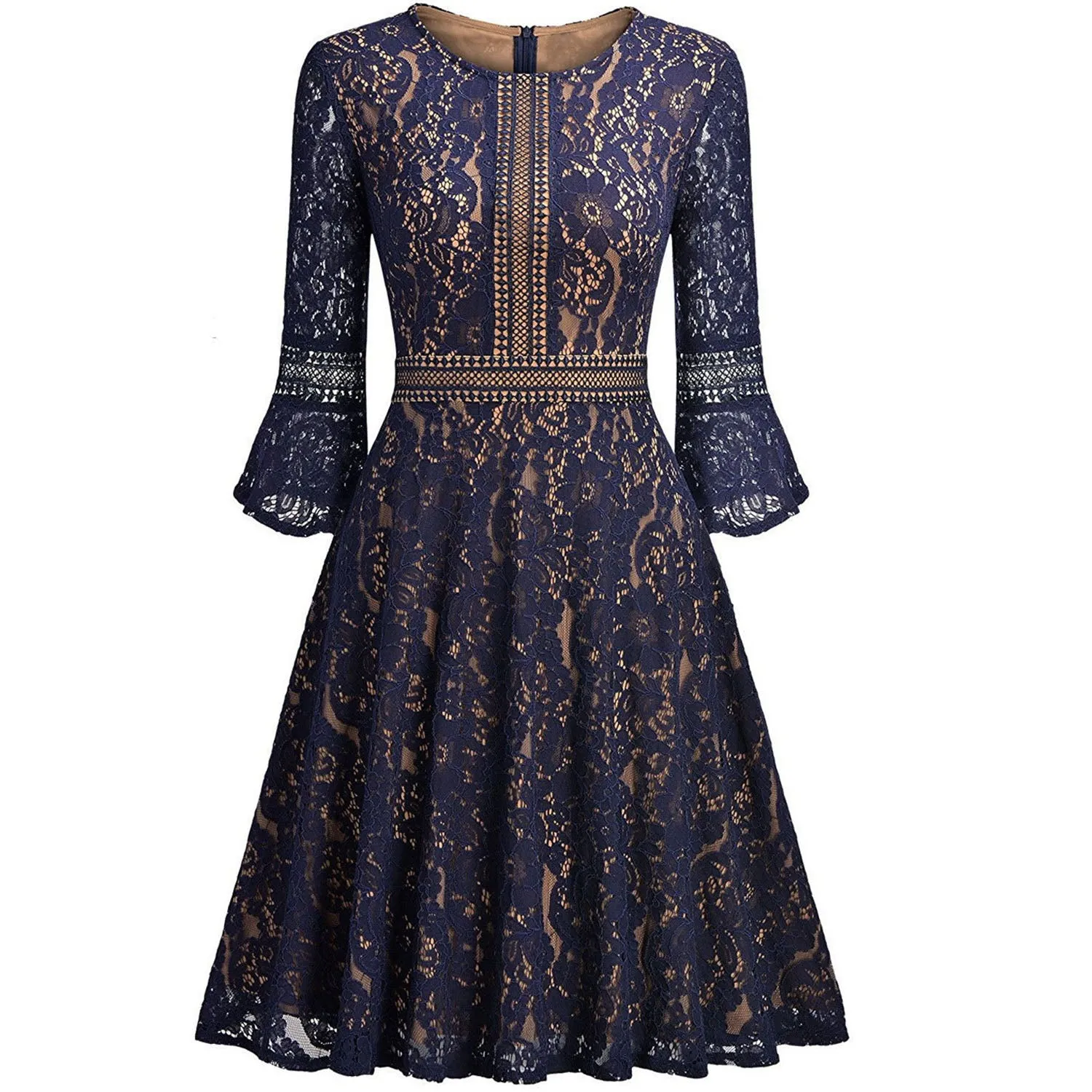 European 3/4 Trumpet Sleeves Pleated Knee-length Party Dress
