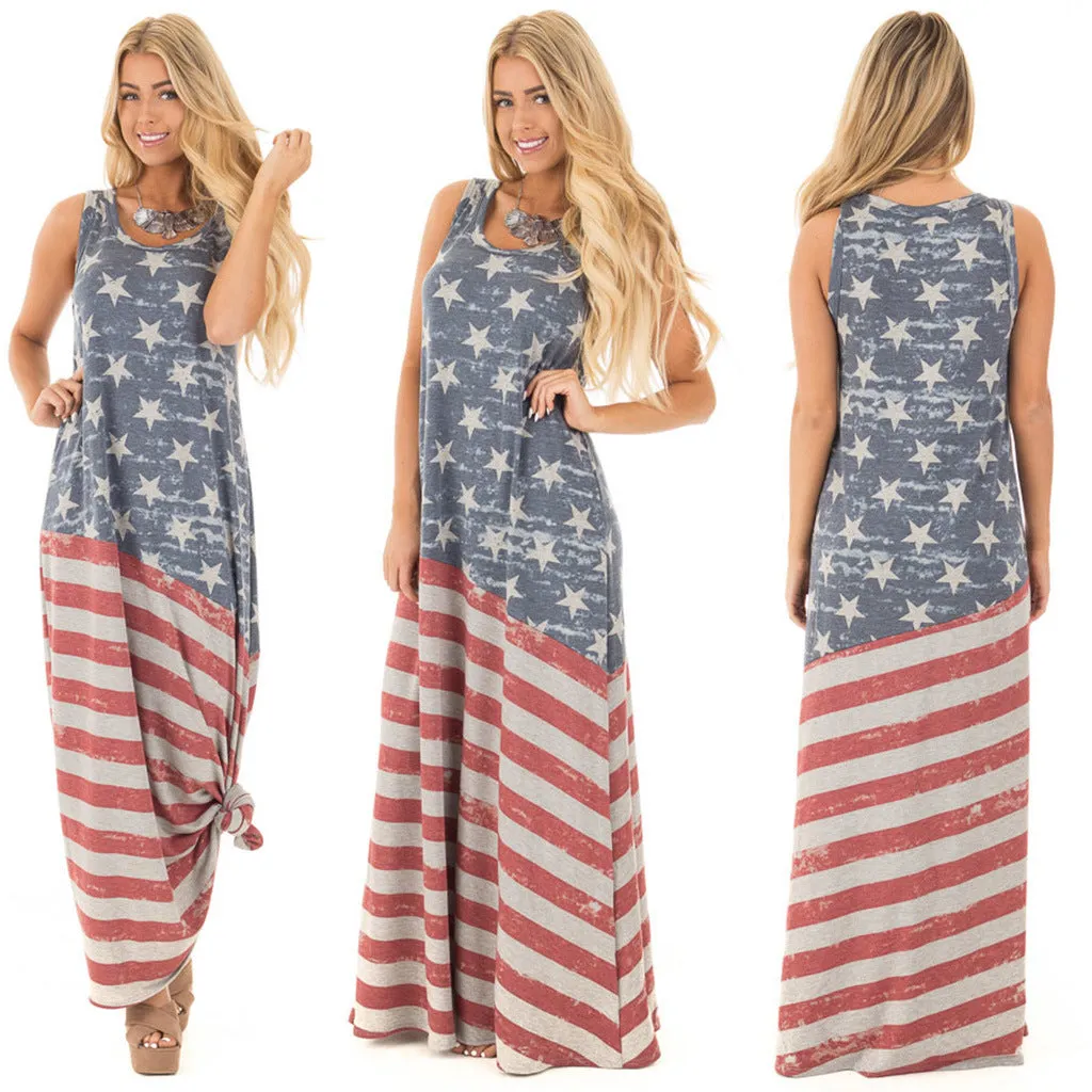 Flag Print Patchwork Scoop Sleeveless Short Dress