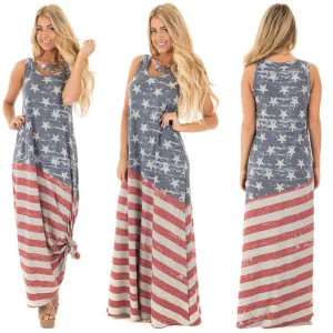 Flag Print Patchwork Scoop Sleeveless Short Dress