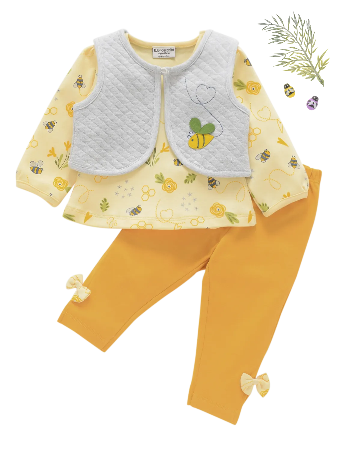 Girls Full Sleeve Dress Shrug with Pant - Honey Bee