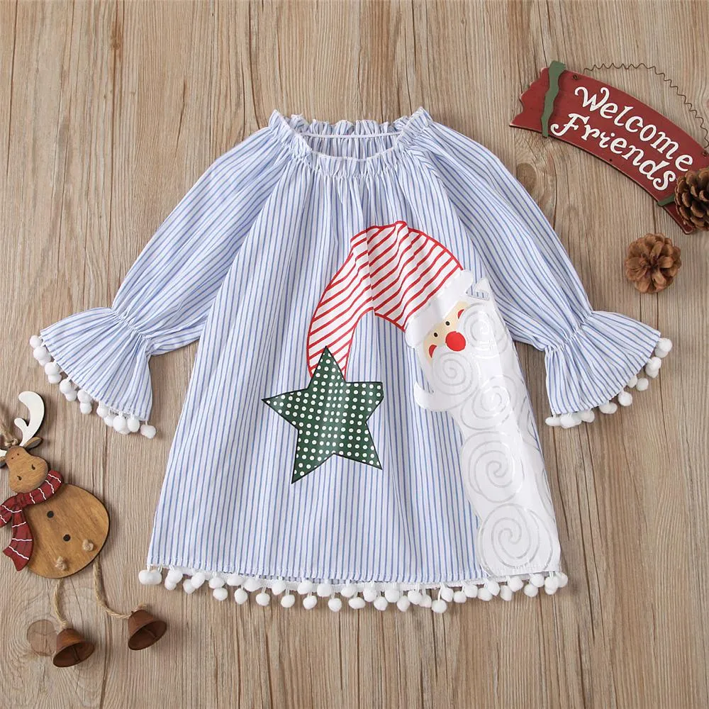 Girls Stripe Christmas Flared Sleeve Dress Girls Wholesale Dresses