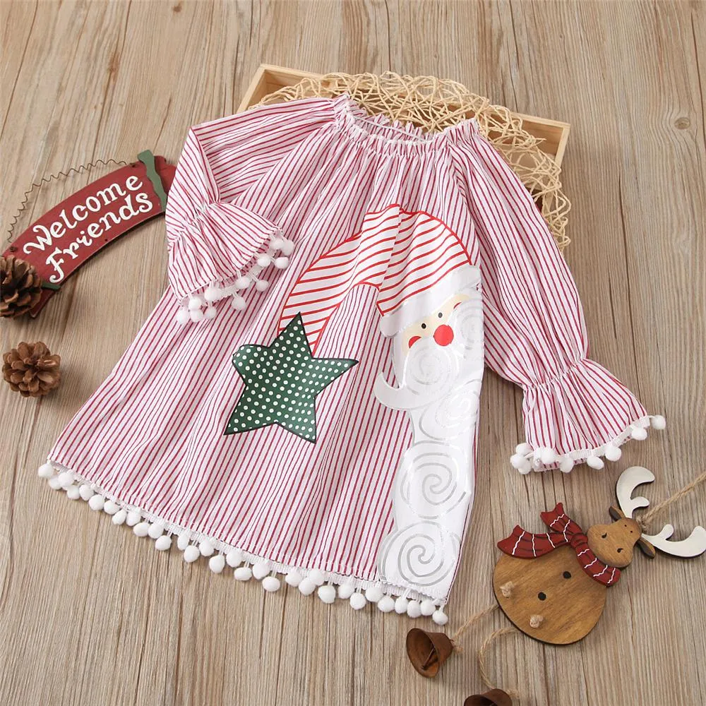 Girls Stripe Christmas Flared Sleeve Dress Girls Wholesale Dresses