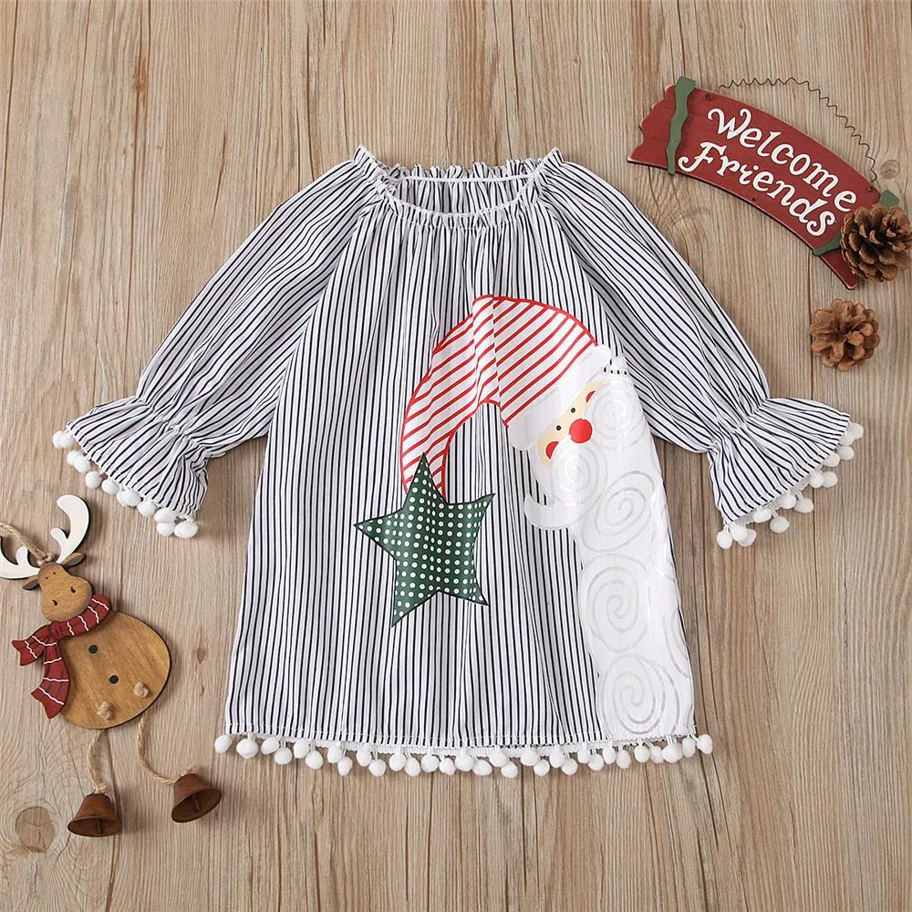 Girls Stripe Christmas Flared Sleeve Dress Girls Wholesale Dresses