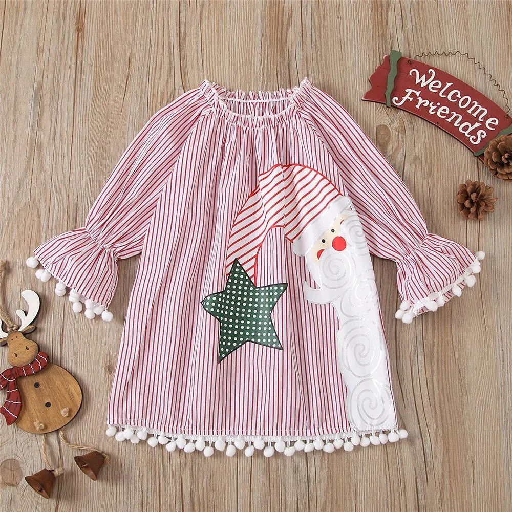 Girls Stripe Christmas Flared Sleeve Dress Girls Wholesale Dresses