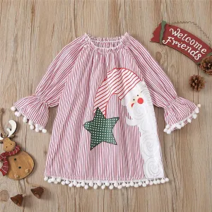 Girls Stripe Christmas Flared Sleeve Dress Girls Wholesale Dresses
