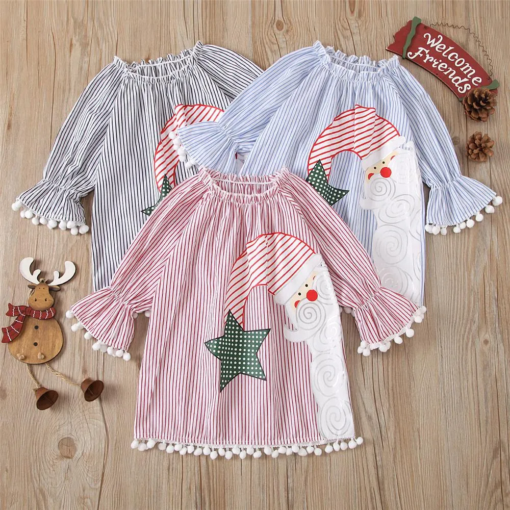 Girls Stripe Christmas Flared Sleeve Dress Girls Wholesale Dresses
