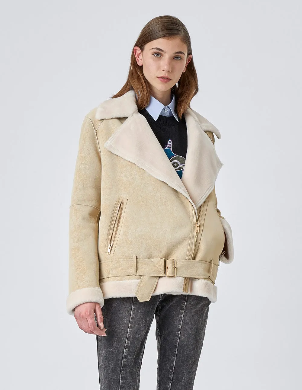 Graysen White Faux Fur Shearing Biker Jacket