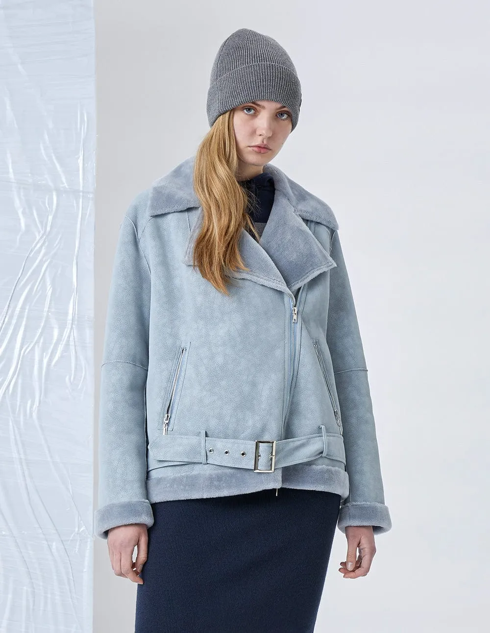 Graysen White Faux Fur Shearing Biker Jacket