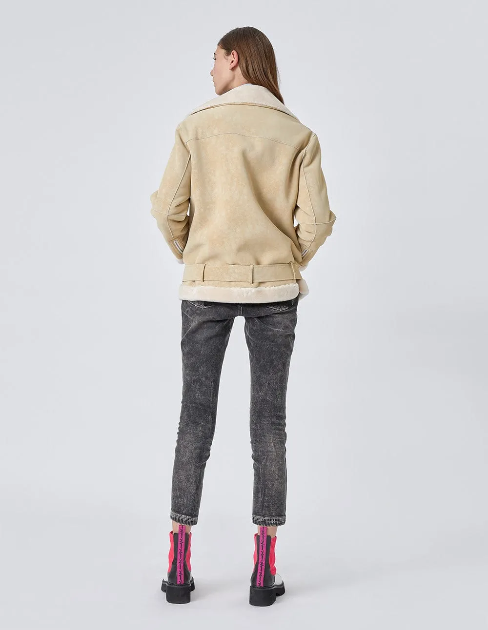 Graysen White Faux Fur Shearing Biker Jacket