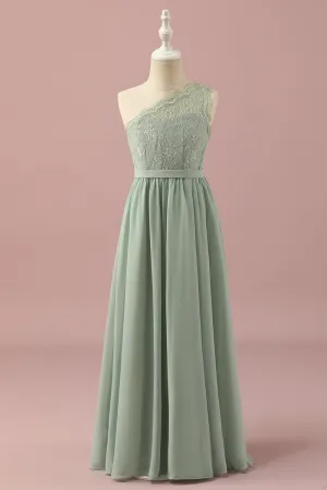 Green One Shoulder Lace and Chiffon Junior Bridesmaid Dress
