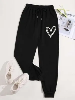 Heart Print Drawstring Waist Joggers