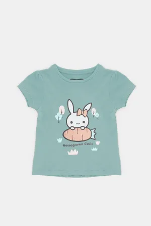 Infant Girls Teal Placement Print T-Shirt