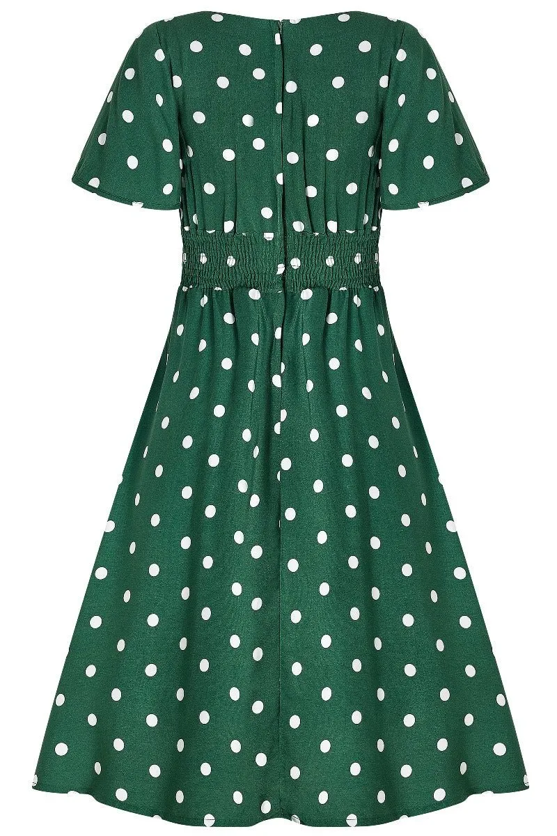 Janice V-Neck Flared Tea Dress in Green Polka Dot Print
