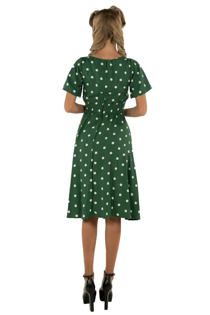 Janice V-Neck Flared Tea Dress in Green Polka Dot Print
