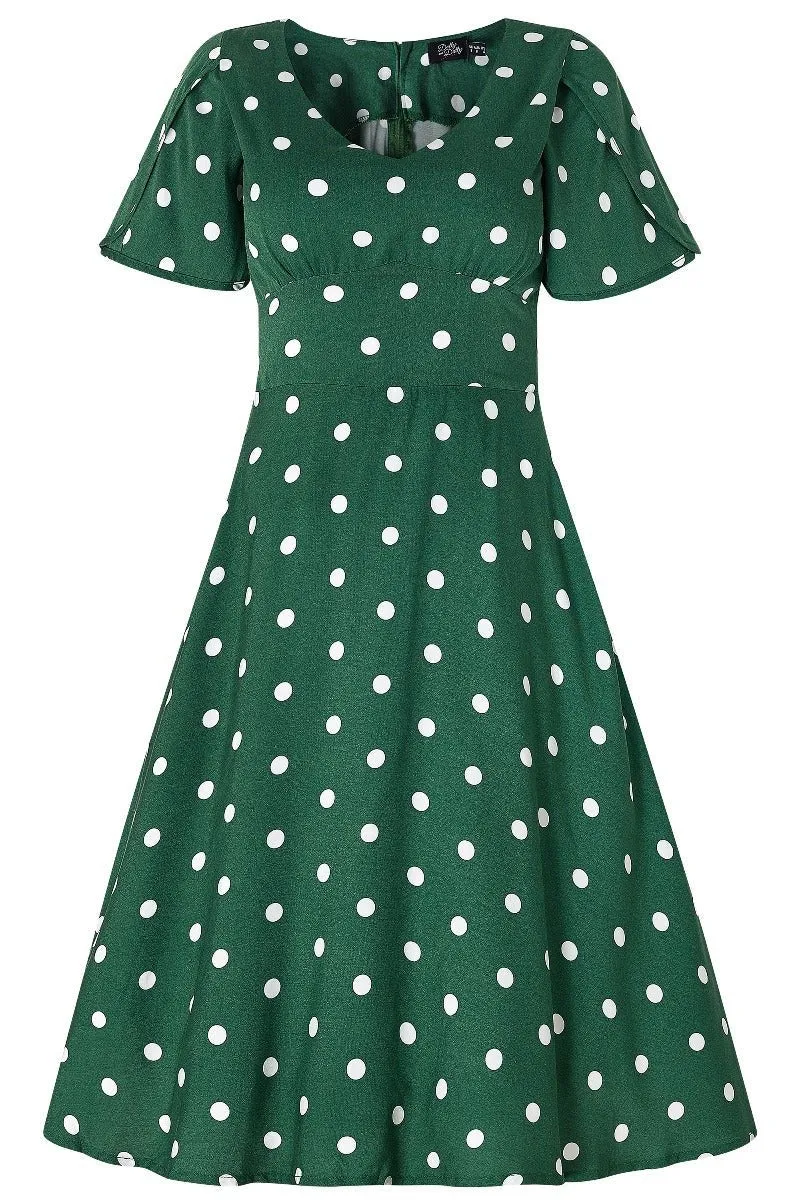 Janice V-Neck Flared Tea Dress in Green Polka Dot Print