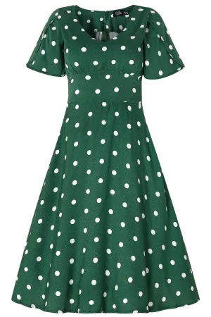 Janice V-Neck Flared Tea Dress in Green Polka Dot Print